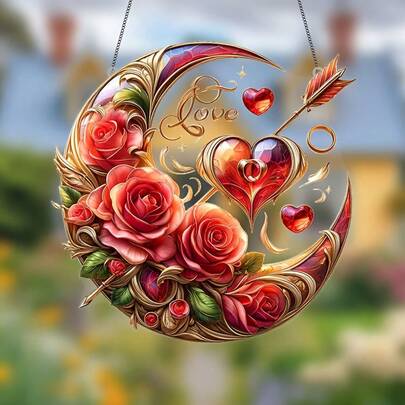 [2D Plane] 1 Piece. A Romantic Crescent Moon And Heart-Shaped Acrylic Sunlight Catcher, With Double-Sided Roses And Heart Symbols, Valentine's Day Artistic Floral Decoration, A Unique Gift For Your Beloved One.