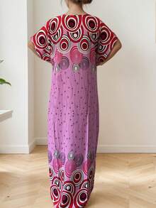 Dress With Large Elegant Flower Print - Round Neck, Bat Sleeve Embroidered Robe, Plus Size Elegant Women's Robe - Baby Pink - View 4