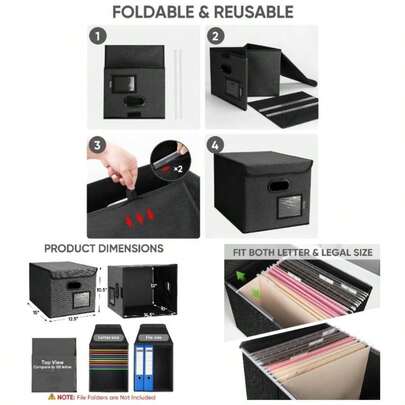 File Organizer Box With Lid, Collapsible File Folder Organizer With Plastic Slide, Hanging File Folder Box Office Document Storage 1 Pack, Black