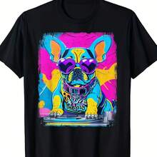 Airbrush Graffiti 90s Dj Analogue Turntable French Bulldog T Shirt Mens T Shirt 220g All Season 220g Cotton Single Sided Printed Crew Neck Short Sleeve T Shirt - 顏色5 - 查看 1