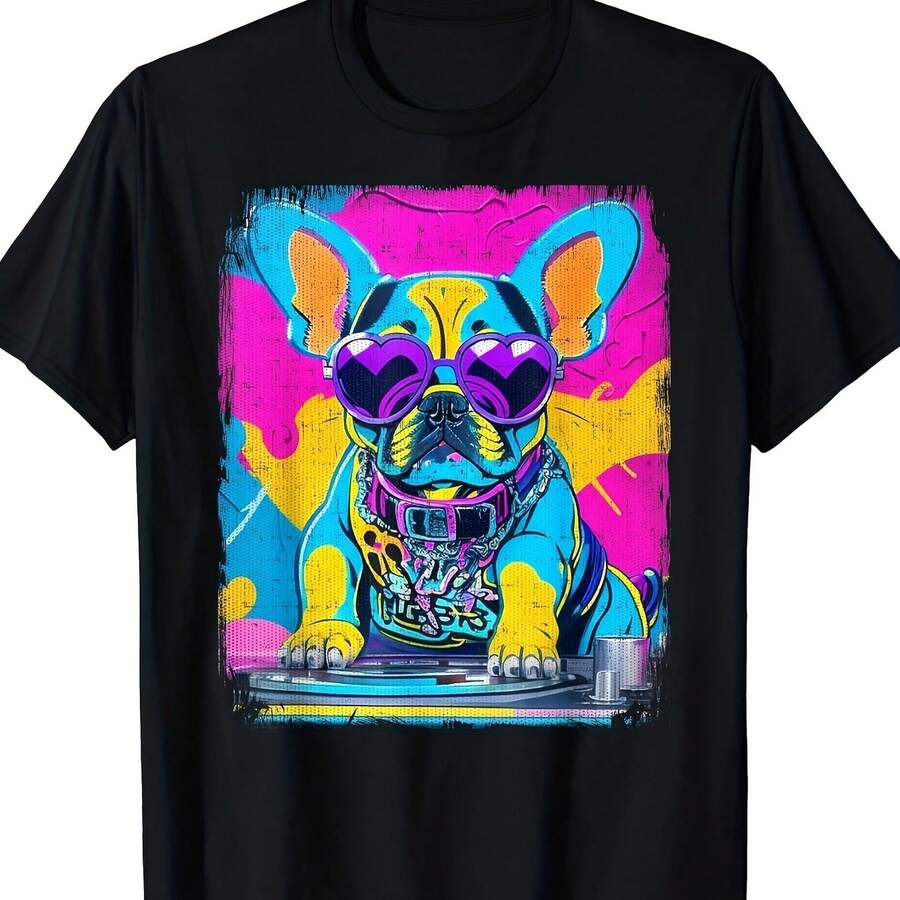 Airbrush Graffiti 90s Dj Analogue Turntable French Bulldog T Shirt Mens T Shirt 220g All Season 220g Cotton Single Sided Printed Crew Neck Short Sleeve T Shirt - 顏色5 - 查看 1