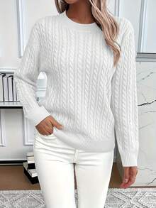 Women's Elegant Solid Color Round Neck Sweater - Spring/Fall/Winter Layering Essential, Soft Durable Fabric, Versatile For Casual & Formal Outfits, Cute Sweater, Formal Outfit Accessory, Sophisticated Style, Comfortable Fit, Casual Attire, Classic Style, Cozy Texture, Stylish Pullover, Office Wear, Soft Cozy Women's Spring Fall Clothing, Workout Tops Essentials Hoodie Womens Sweaters Christmas Long Sleeve Tops Women Women's Sweaters Cute Tops Shirts Mens Shirts Christmas Sweater Women Curve Valentine New Years Christmas Outfit Holiday Gift - 白色 - 查看 1