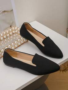 Plus Size 36-45 Fashion Sweet Pointed Toe Flat Shoes, Casual Slip-On, Lightweight, Comfortable, Non-Slip, Low Vamp, Black, Spring/Summer/Autumn - Black Cloth With Fine Lines - View 8