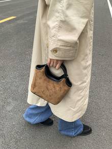 女士水桶包/斜挎包，仿麂皮绒，时尚，秋冬款，棕色，复古，优雅，简约，适合女性、女孩、大学生 - 棕色 - 查看 5