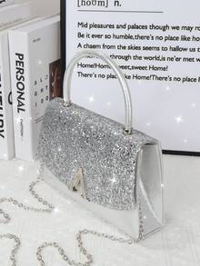 女士晚装包，闪闪发光的时尚手拿包，大容量手提包，奢华的 V 形金属装饰，适合婚礼、派对、聚会、晚会、生日礼物、情人节礼物 - 銀色 - 查看 6