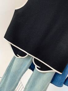 YUXIN Spring/Auto/Winter Retro 2 In 1! Women's Woolen Vest V-Neck Contrast Trim Double Pockets Soft Office Style - Black - View 12