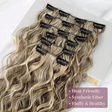 Clip In Hair Extensions, 6PCS Curly 24inch Long Synthetic Clip On Hairpiece For Women Cool Brown With Blonde Highlights,CoolBrownwithBlondeHighlights-Wavy - 冷棕色帶金色挑染-波浪捲 - 查看 4