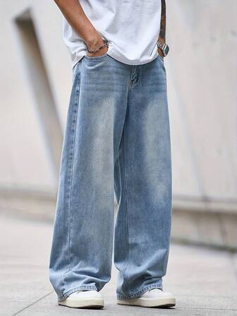 男士休闲街头风浅蓝色中等厚度宽松牛仔裤