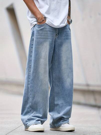 男士休闲宽松浅蓝色牛仔裤