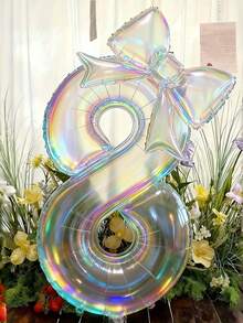 2个100厘米大号彩色透明数字造型铝箔气球，配24英寸彩色蝴蝶结装饰，适用于生日派对、户外活动、周年纪念、节日、宴会庆典、墙面装饰、圣诞节、新年等场合。 - 無色 - 查看 9