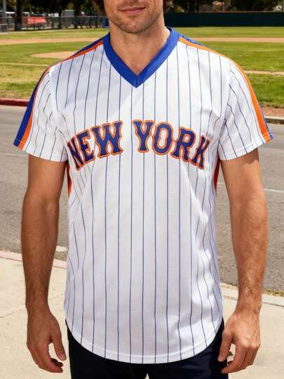 Letter And Number 18 Embroidery, Men's Striped Short Sleeve V-Neck Baseball Jersey, Comfy Top For Training And Competition