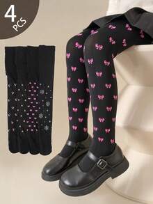 4 Pairs Girls' Heart & Bow Print Tight Leggings, High Density Knit, All Season - Multicolor - View 1