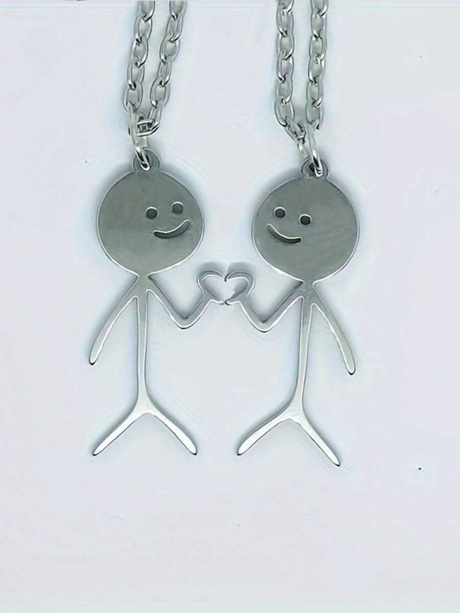 2 chiếc vòng cổ hình người que thanh lịch thể hiện cử chỉ tay tình yêu, trang sức bằng thép không gỉ, dành cho tình bạn - Vòng cổ Stickman - Xem 1