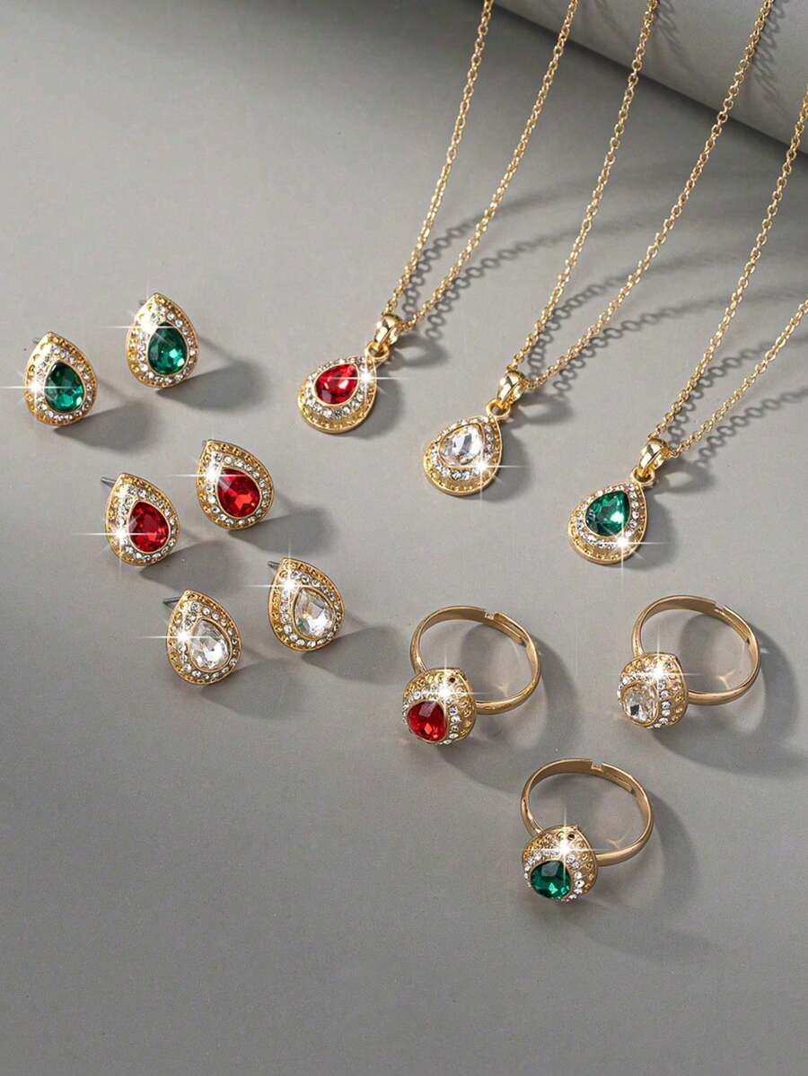 Bijoux élégants : Bagues, colliers et boucles d'oreilles en forme de larme avec rubis, ornés de décorations en cristal scintillant - Un accessoire de style vintage pour les occasions formelles et le port quotidien étincelant - Multicolore - Voir 1