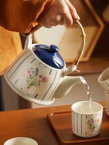 DearDali Original Striped Floral Ceramic Tea Set, Minimalist French Style With Bamboo & Wood Handle Teapot, Household Tea Set For Entertaining Guests Or Personal Use, Living Room Decor Teapot & Cups, Ideal For Tea Lovers