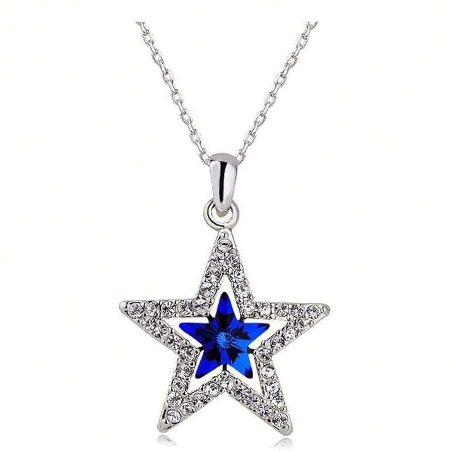 AILUOR Five-Pointed Star Sapphire Crystal Pendant Necklace, Fashion Silver Crystal Hollow Star Jewelry For Women,Blue - Màu xanh lam - Xem 1