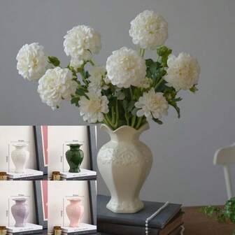 1pc Vintage French Embossed Ceramic Vase, Round Carved Rose Design, Elegant Home Decor Desktop Flower Pot, High-End High-Quality Vase, Living Room, Table Floral Vase