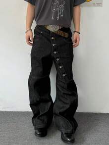 Men's Black Baggy Jeans, Asymmetric Button Fly Wide Leg Denim Pants, Y2K Streetwear Loose Fit Jeans For Men - Black - View 1