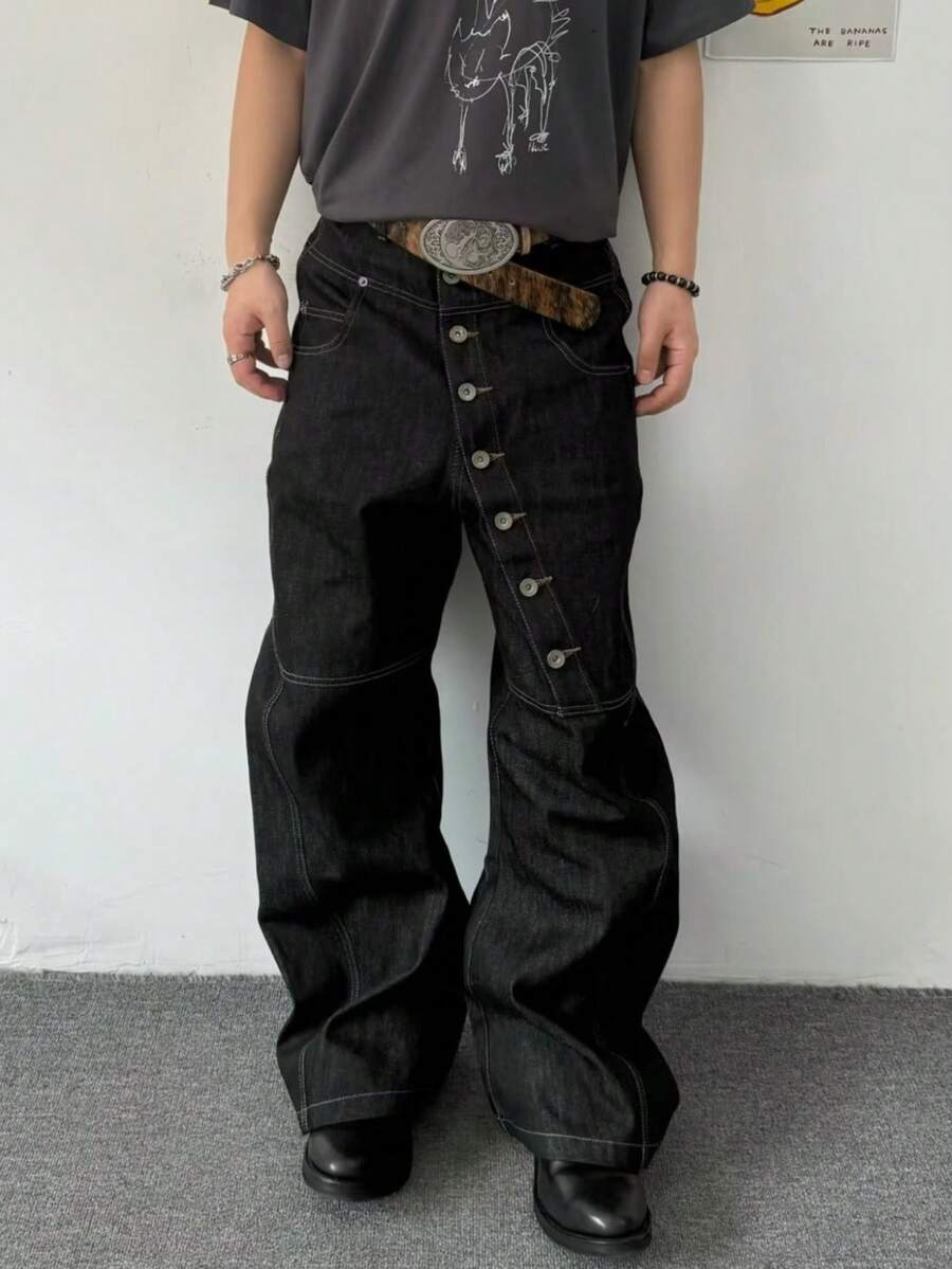 Men's Black Baggy Jeans, Asymmetric Button Fly Wide Leg Denim Pants, Y2K Streetwear Loose Fit Jeans For Men - Black - View 1