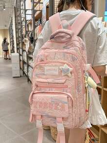 Large Capacity Stylish Contrast Color College Student Backpack With Multi-Layers And Star Pendant - Multicolor - View 6