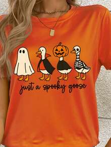 Halloween Pumpkin Graphic Orange T-Shirt, Round Neck Short Sleeve Casual Tee For Women - Orange - View 2