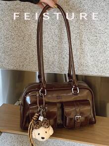 1个纯色PU多口袋保龄球包，女士单肩/腋下包，带吊坠，适合购物、约会、作为女士礼物，适合少女、大学生、初学者和白领，非常适合办公室、学校、工作、通勤等场合。 - 咖啡 - 查看 3