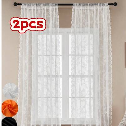 2pcs Vintage French Bohemian Lace Semi-Sheer Voile Curtains, Polyester Fiber, With Rod Pocket Decorative Curtains, Suitable For Bedroom, Living Room, Home Decor, Room Decoration