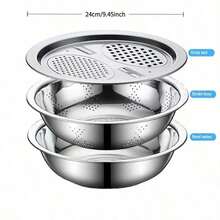 3pcs Stainless Steel Kitchen Set, Includes Integrated Grater, Multipurpose Strainer, And Drainable Prep Bowl - Versatile Bowl For Washing/Cutting Fruits, Vegetables, And Cheese - Silver - View 8