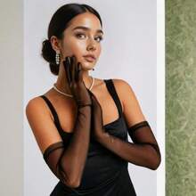 Long Black Sheer Oves Lace Opera Oves Mesh Women Formal Ove Tulle Ove 1920s Accessories Tea Party Accessory Flapper Prom Accessories For Women Bridal Wedding 21.65 Inch