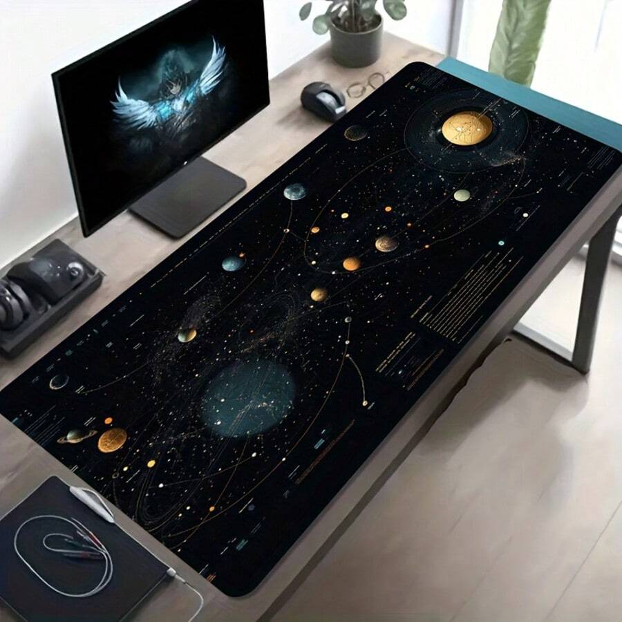Large Esports Gaming Mouse Pad With Black & Gold Cosmic Planet Network Pattern, Anti-Slip Washable Rubber Base, Oversized Desk Mat, Ideal Gift For Gamers, Fashionable Office Desk Decor And Study Accessory - Multicolor - View 1