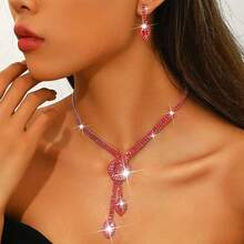 Unicra Silver Rhinestone Bridal Wedding Jewelry Set Crystal Necklace Earrings Sets Formal Prom Costume Jewelry Sets For Women And Brides,Red - 紅色 - 查看 7