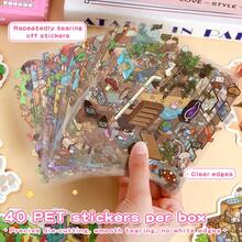 61件套风景贴纸套装，包含40件材料、20个场景贴纸、镊子、3D微缩房屋贴纸、景观贴纸、风景贴纸、手工贴纸、小型房屋场景贴纸，可重复使用，多种尺寸可选 - 彩色 - 查看 6