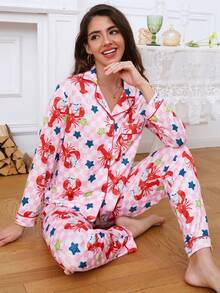 2pcs Women Lobster Print Long Sleeve Top And Pants Pajama Set, Comfortable Knit Collared Button Front Shirt With Pockets And Elastic Waist Pants, Suitable For All Seasons Casual Loungewear - Pink - View 6