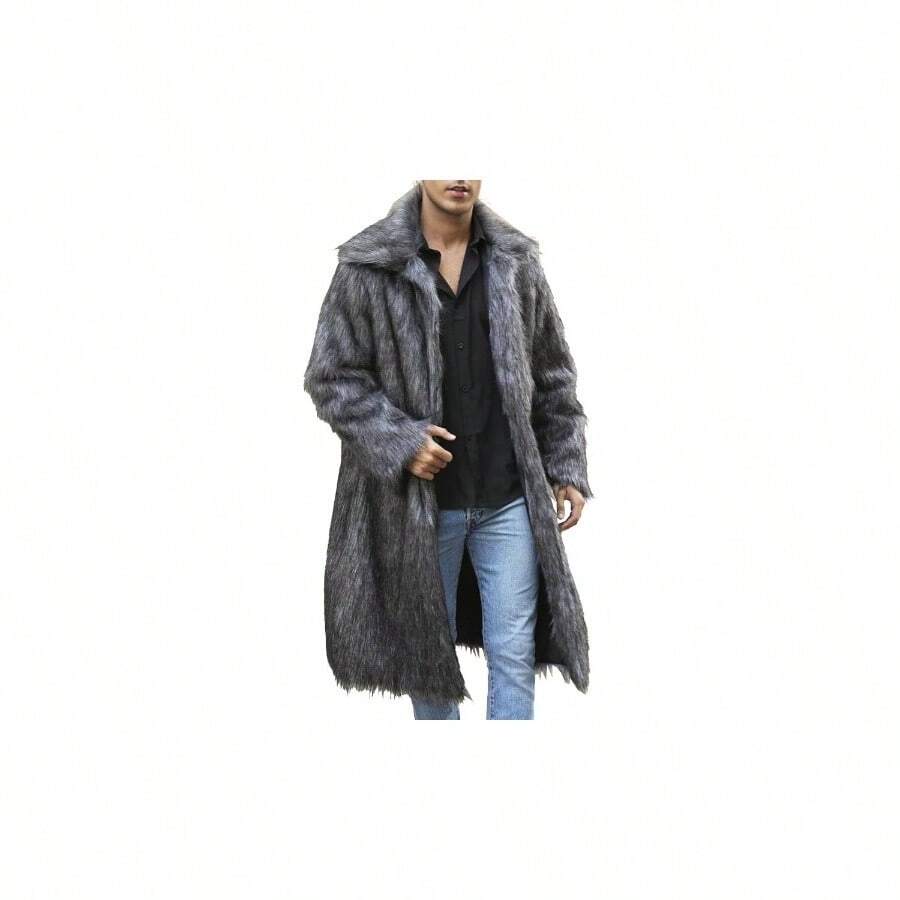 Abrigo largo de piel sinttica peluda para hombre, clido abrigo de invierno con parte delantera abierta, chaqueta tipo crdigan trmica, parka gruesa lujo - Gris oscuro + 4X-Grande - Ver 1