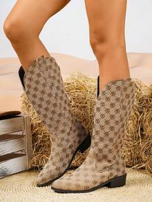 1 Pair Vintage Floral High Heel Boots, Minimalist & Elegant Design, Suitable For Various Outfits, Retro Floral Print Faux Leather Mid-Calf Boots, Fashionable For Party & All Seasons - Khaki - View 3