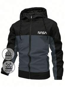 Men's Long Sleeve Casual Sports Style Color Block Letter Print Zip-Up Drawstring Hooded Jacket For Spring And Autumn, For Fall