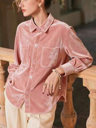 Women's Fashionable Velvet Long Sleeve Shirt, Autumn/Winter