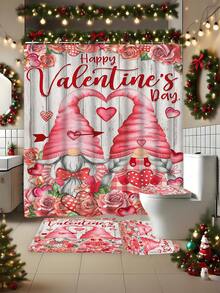 四件套浪漫情人节爱心玫瑰小矮人浴室套装：防水浴帘 + 12 个挂钩 + 防滑地毯 + 马桶盖 - 彩色 - 查看 9