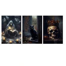 3幅万圣节哥特式骷髅黑猫墙画帆布海报，高清印刷，可选画框，适用于客厅、卧室、浴室、办公室、咖啡厅、健身房、家庭节日装饰，印刷品，房间走廊装饰，艺术品，理想的礼物送给朋友 - 彩色 - 查看 10