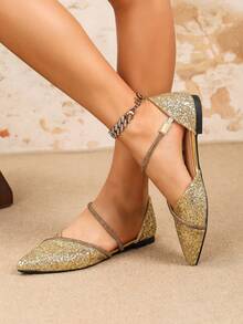 女士平底鞋，V字形尖头设计，镶钻装饰，性感派对平底鞋，休闲户外踝带透气镂空鞋，闪亮金色亮片平底鞋，适合春秋季穿着 - 金色 - 查看 4