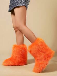 Women's Faux Fur Boots Furry Mid Calf Fur Boots Comfortable Outdoor Flat Shoes Winter Warm Plush Surface Snow Boots - Màu Cam cháy - Xem 3