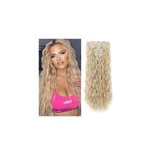 Clip In Hair Extensions, 6PCS Curly 24inch Long Synthetic Clip On Hairpiece For Women Natural Ash Blonde,AshBlonde-Wavy - 灰金色波浪捲髮 - 查看 1