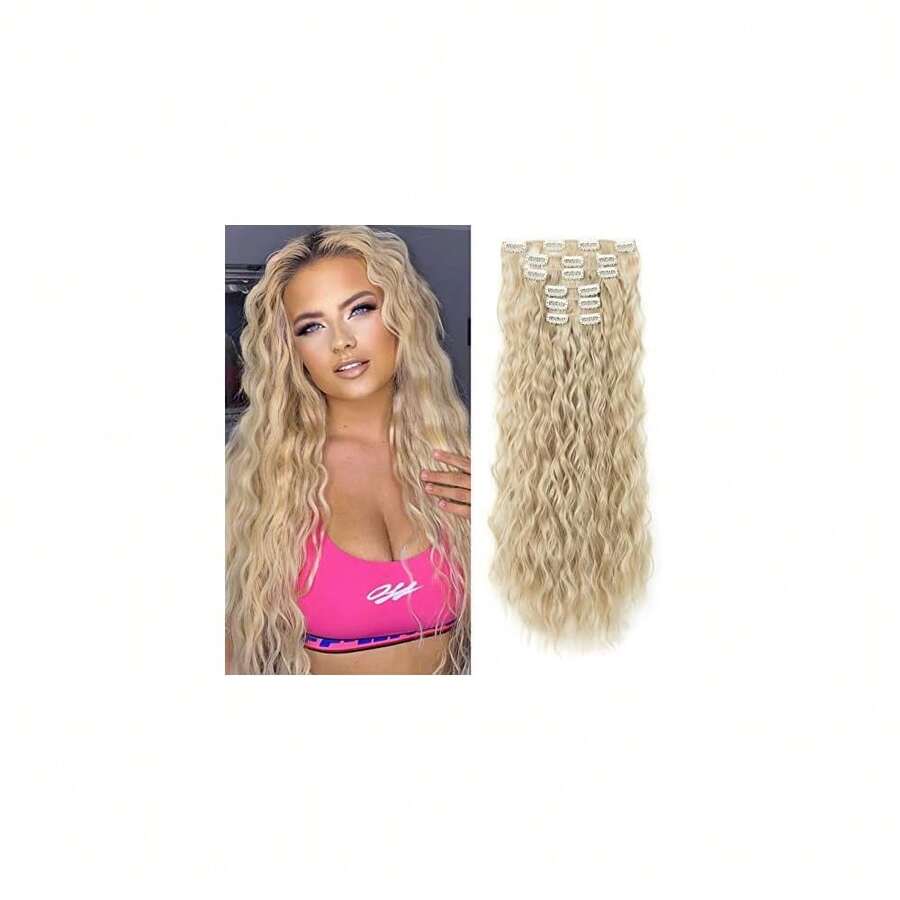 Clip In Hair Extensions, 6PCS Curly 24inch Long Synthetic Clip On Hairpiece For Women Natural Ash Blonde,AshBlonde-Wavy - 灰金色波浪捲髮 - 查看 1