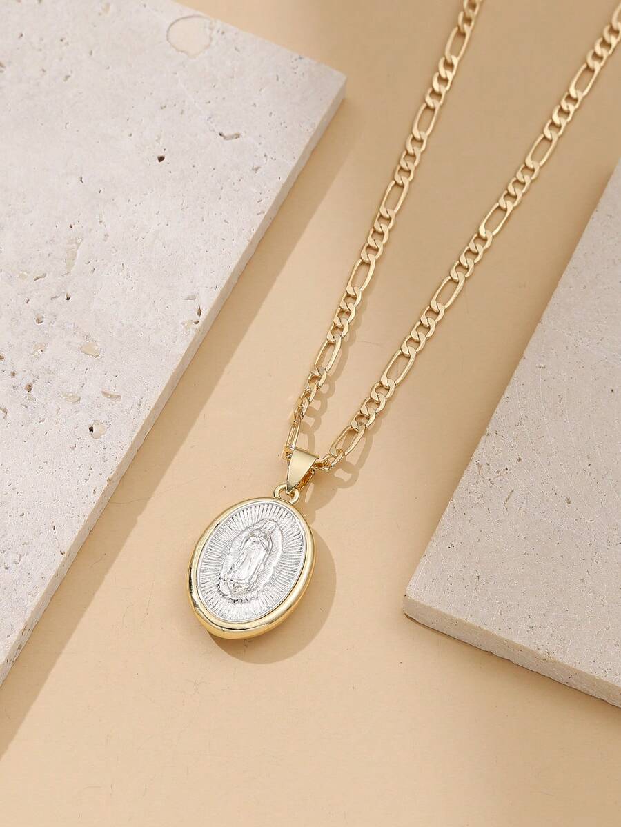 1pc Double-Sided Embossed Virgin Mary Cross Pendant Necklace, Delicate Versatile Accessory Suitable For Women, Daily, Casual, Vacation Outfits - Gold - View 1