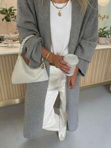 FOR BEAUTY V领宽松开衫，时尚百搭，简约长款针织毛衣外套，灰色开衫，新年必备 - 灰色 - 查看 2