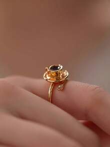 1pc Adjustable Vintage French Luxury Coffee Cup Ring, Unique Design Fashion Open Ring, Suitable For Gift, Party, Vacation, Casual, Banquet, Holiday Wear, Weight: 3.7g