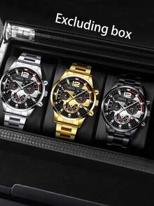 3pcs/Set Men's Fashion Quartz Watch Set, Zinc Alloy Case, Stainless Steel Strap, Electronic Movement, Pointer Display - Ideal Gift For Valentine's Day, Easter, Eid Al-Adha, Birthday, Christmas - Multicolor - View 8