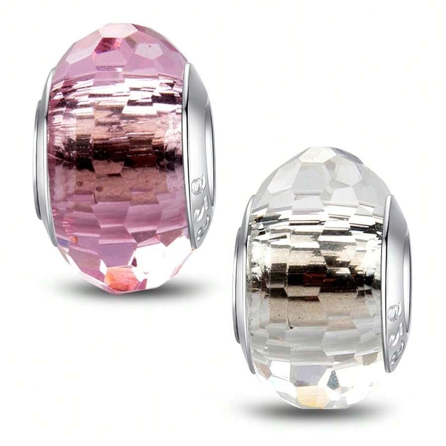 MICOO 925 Sterling Silver Charms For Bracelets,Fashion DIY Dangle Pendants Beads Simulated Birthstone Charms,Birthday Gifts For Women,2WhiteandPinkCharms - 2個白色和粉紅色的吊墜 - 查看 1