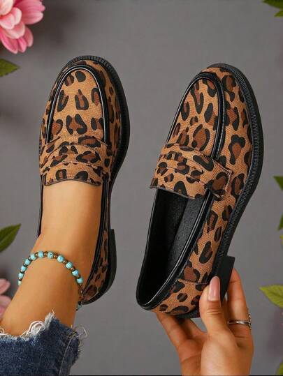 Women's Plus Size Leopard Print Non-Slip Thick Heel Loafers, Slip-On Comfortable Casual Sneakers