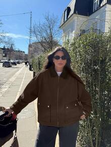 Omen 时尚灯芯绒领棉质羽绒服，女士休闲日常外套，撞色宽松长袖翻领口袋羽绒服 - 棕色 - 查看 3